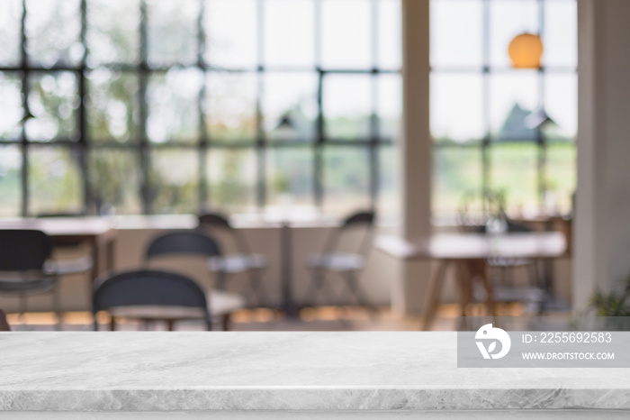 Empty white marble stone table top and interior space of cafe and restaurant banner mock up abstract