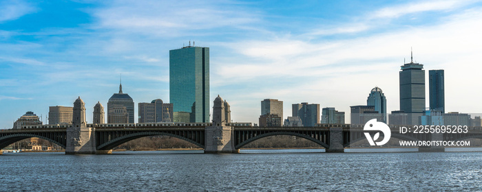 panorama for banner of Train running over the Longfellow Bridge the charles river at the evening tim