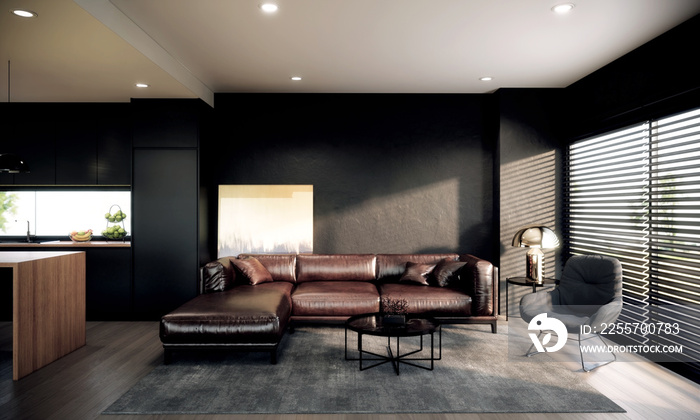 modern retro room interior with leather sofa, contemporary apartment concept. 3D illustration.