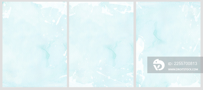 Watercolor Painting Pastel Blue Backgrounds. Abstract Light Blue Layouts with White Paint Stains and