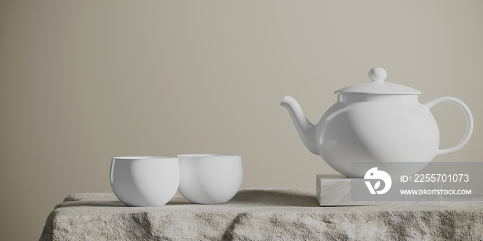 石台上的白瓷茶壶和茶杯，灰色背景上的白茶壶。3d渲染生病
