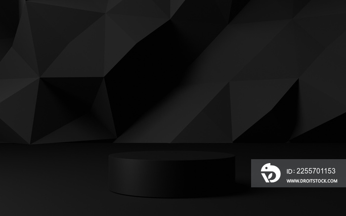 3d rendering dark black background with geometric shapes, podium on the floor. Platforms for product