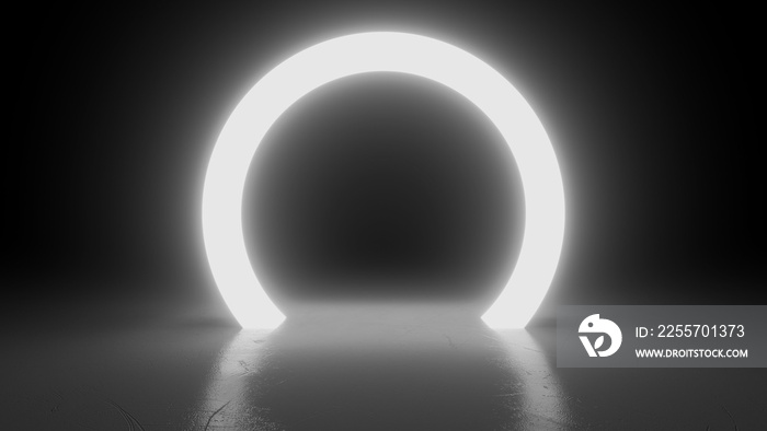 Circle neon white light in black hall room. Abstract geometric background. Futuristic concept. Glowi