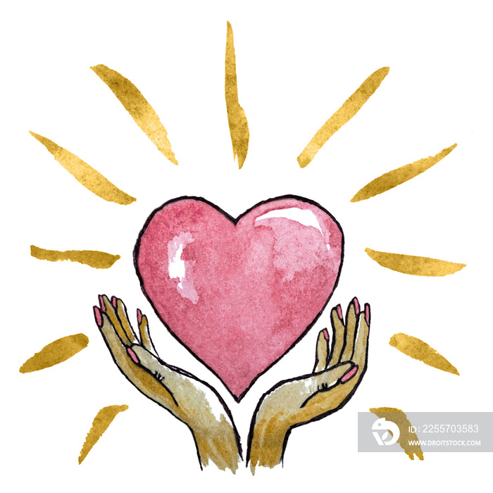 Watercolor illustration of female hands holding a big red glowing heart. Gold with pink freehand dra