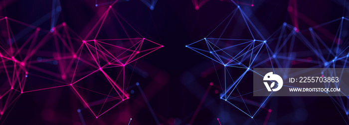 Abstract polygonal space with connecting dots and lines. Dark background. Connection structure. 3d W