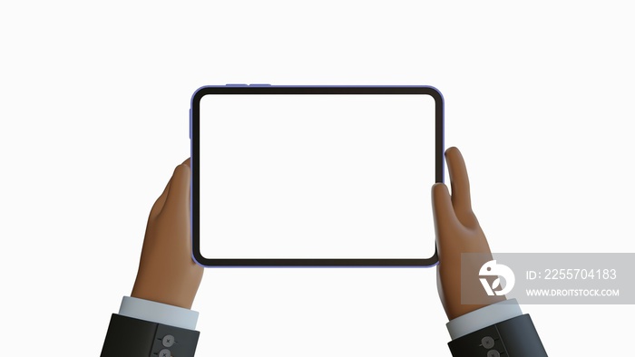 3d illustration. Device Mockup. Brown cartoon hand holding an iPad in jacket with white background.