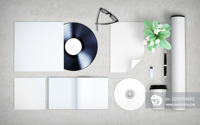 blank elements mockup top view concrete background