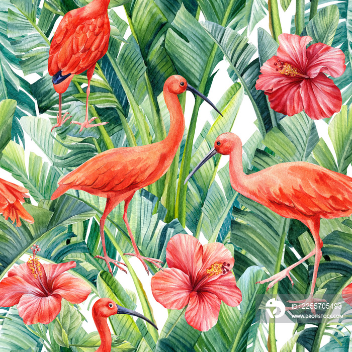 Tropical leaves palm, hibiscus flowers and ibis birds on an isolated background. Watercolor seamless