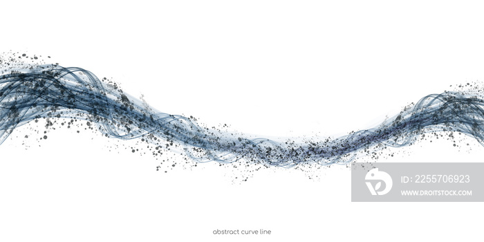 Abstract blue wave curve transparent lines with black spots splash paint isolated on white backgroun