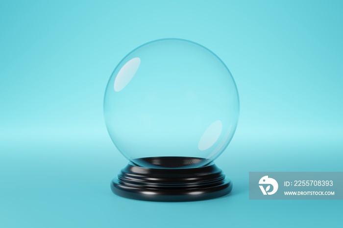 Empty snow globe, glass sphere, on blue background, 3d rendering