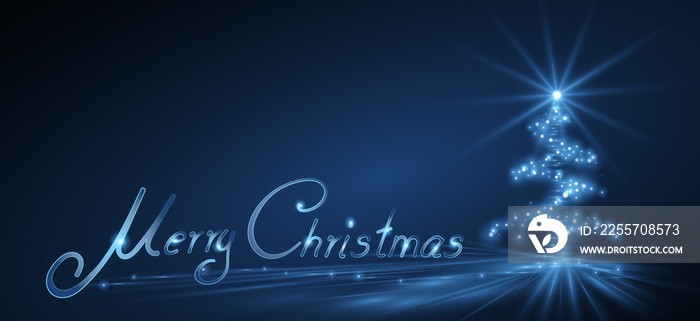 Merry Christmas auf dunkelblauem Hintergrund mit funkelndem Weihnachtsbaum rechts ausgerichtet.