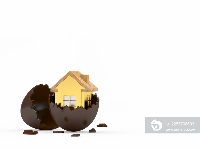 Golden house icon inside a broken chocolate Easter egg with space for text isolated on white backgro