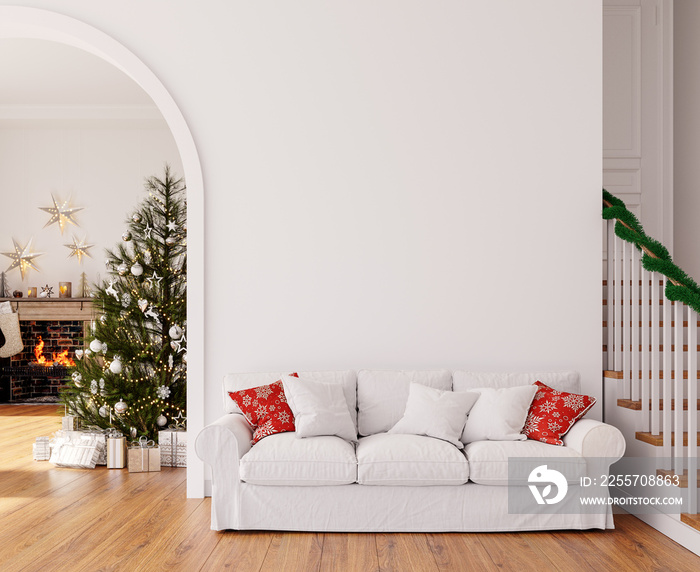 Christmas interior with fireplace and big Christmas tree with presents 3D Rendering, 3D Illustration