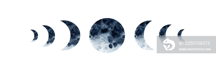 Watercolor illustration with phases of the moon, monochrome, abstract. For posters and other decor.