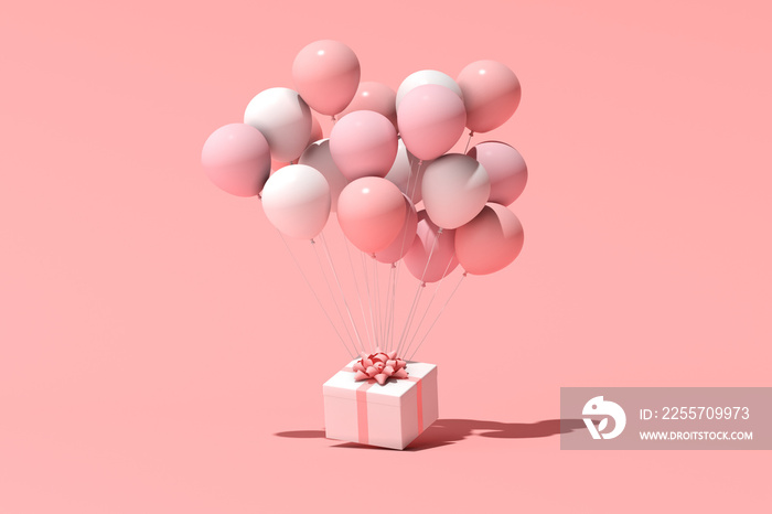 礼盒和气球的3D渲染。最小概念。