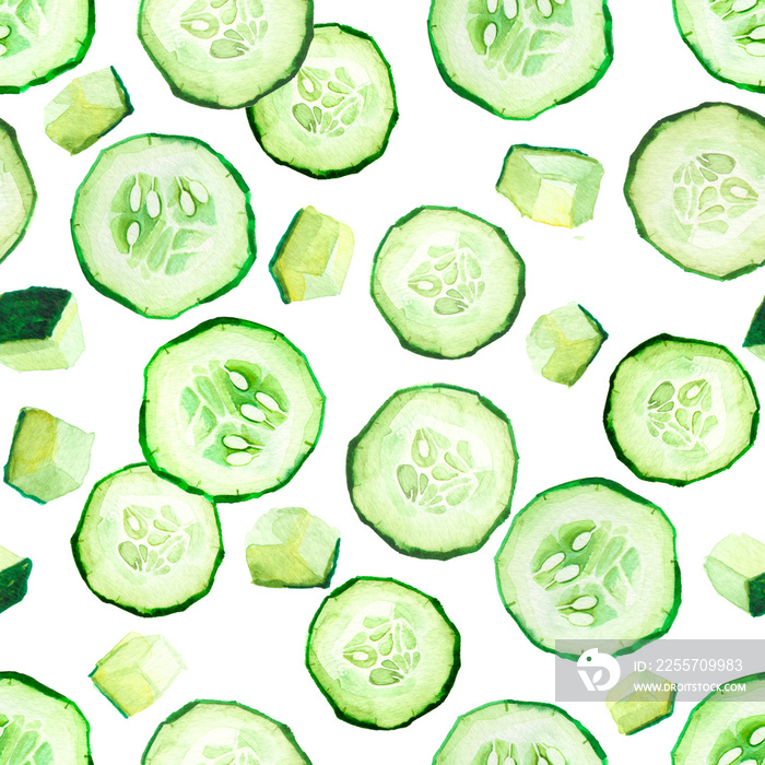 Watercolor illustration of green cucumber vegetable slices pattern on white background