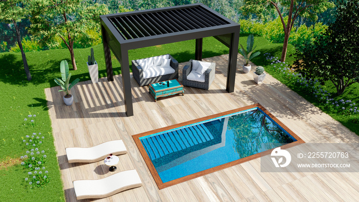 带游泳池和凉棚的室外露台的3D插图俯视图