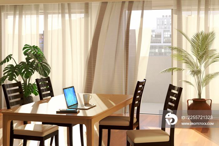 午後の陽射しが差し込むリビングルームと風に揺れるカーテン・テーブルに置かれたノートPC / リモートワーク・在宅勤務のコンセプトイメージ / 3Dレンダリンググラフィックス