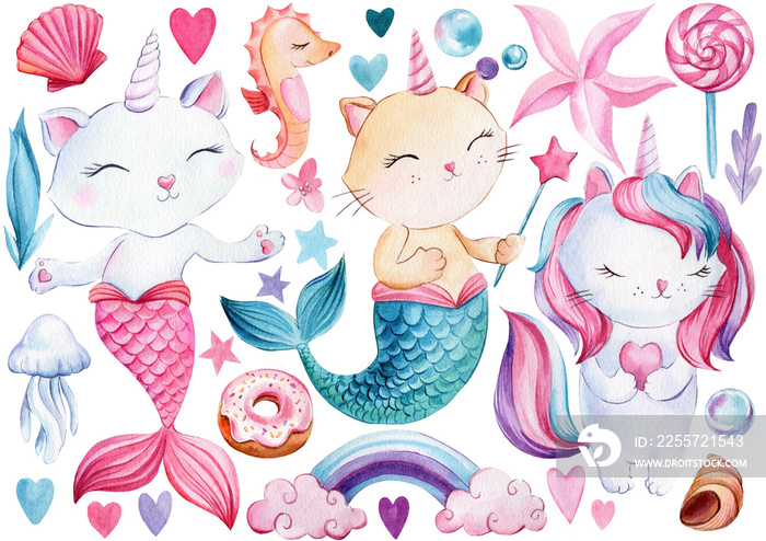 Cute unicorn cat, mermaid cat and sweets, donut, lollipop. Watercolor illustration, childrens poster