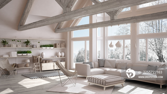 Living room of luxury eco house, parquet floor and wooden roof trusses, panoramic window on winter m