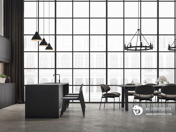 Industrial loft kitchen and dining room 3d render,There are concrete floor,decorated with black wood