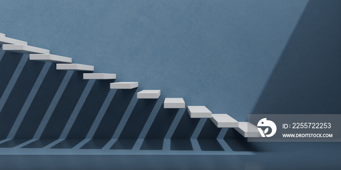 View of white stairs on blue wall background,Concept of the way to success. 3D rendering