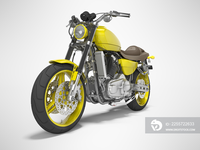 Yellow motorbike on two places front view 3d render on gray background with shadow