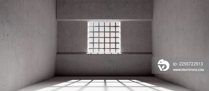 Empty jail with a window and prison bars, concrete walls and floor, dungeon interior. 3d render