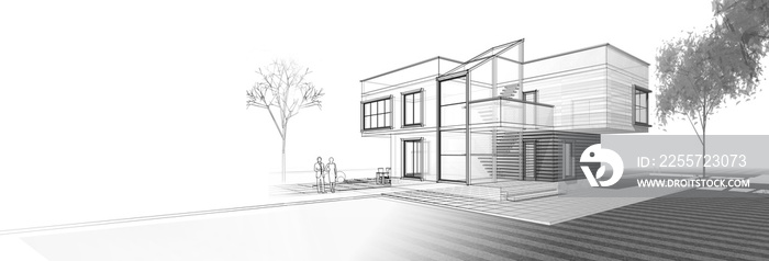 house, architectural sketch, 3d illustration