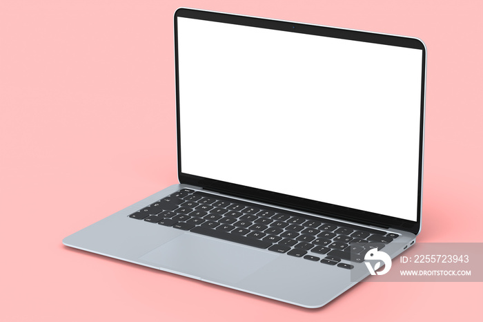 Realistic aluminum laptop with empty white screen isolated on pink background.