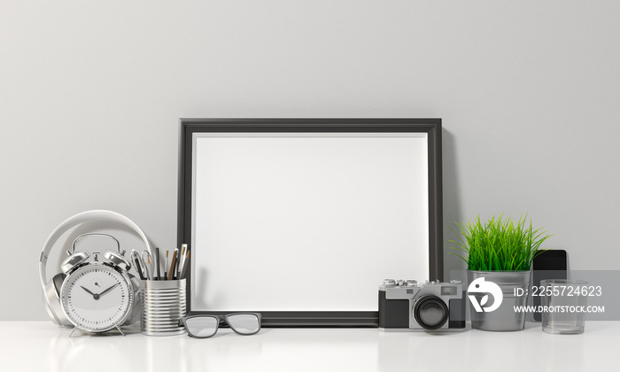 Blank frame on white desk background, mock up design illustration 3D rendering