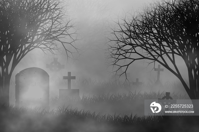 Scary cemetery in creepy forest concept design background