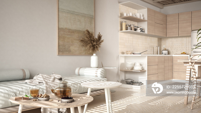 米色舒适的木制可持续厨房和客厅，配有现代沙发和咖啡桌。T