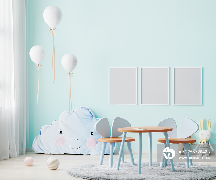 Frames mock up in children room interior in light blue tones with kids table and chairs, soft toys a