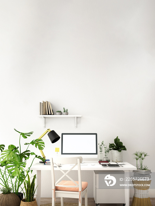 白色办公桌上的桌面电脑屏幕，工作空间，工作背景，工作室内部，工作