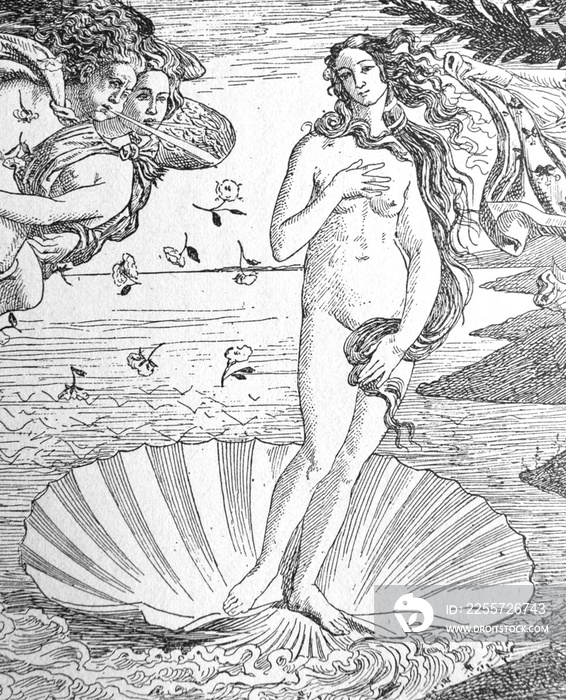 Sandro Boticcelli在旧书《意大利画报》中的《维纳斯的诞生》（细节），作者
1126143524,意大利北部蒂罗尔州南部埃潘安德温斯特拉斯的葡萄园、苹果园和葡萄园。