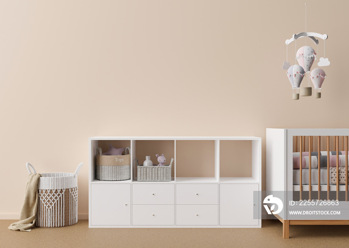 Empty cream wall in modern child room. Mock up interior in contemporary style. Free space, copy spac