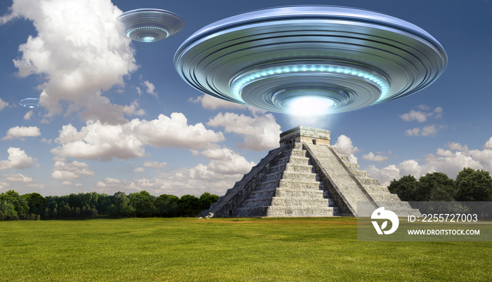 Flying saucer on Maya pyramid ruins Chichen itza in daytime  with a light energy ray - 3d rendering 