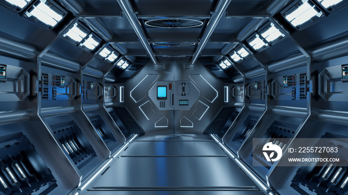 Science background fiction interior rendering sci-fi spaceship corridors blue light.