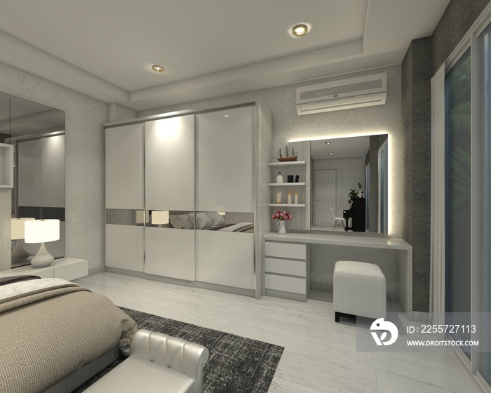 Interior bedroom using Minimalist wardrobe clothes and dressing table with mirror panel. 3d renderin