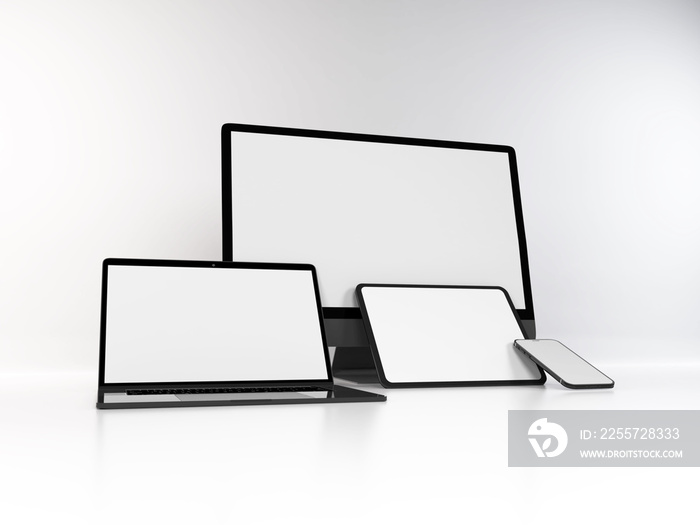 Realistic 3D Illustration of Multiple Electronic Devices in White Background