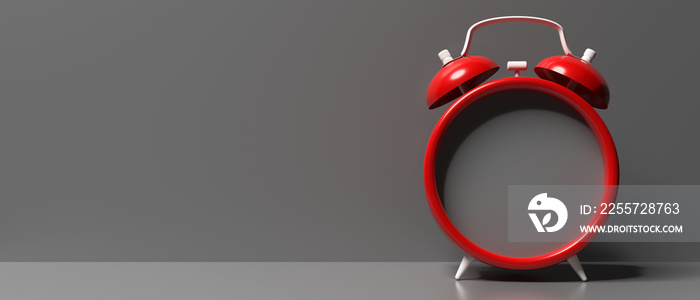 Red retro alarm clock empty, blank against gray background, 3d illustration
