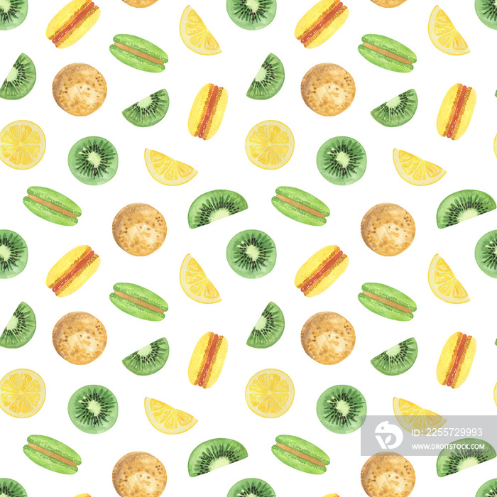 French macaroon yellow lemon, green kiwi fruit slices seamless pattern watercolor illustration, dess