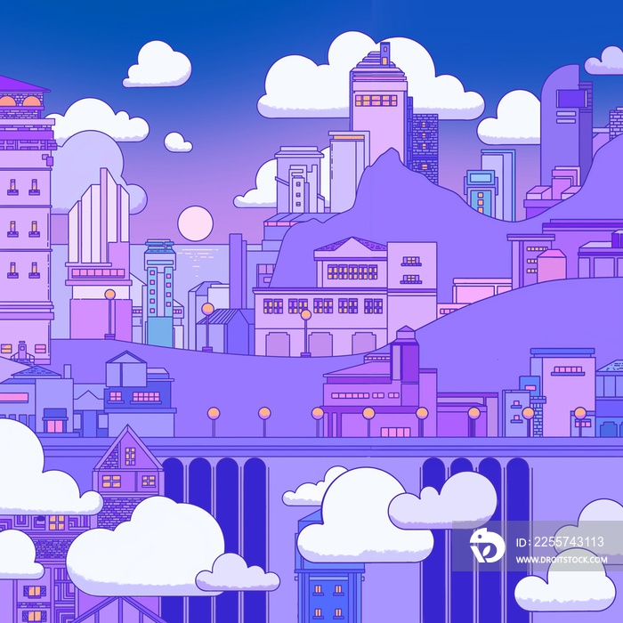 city and clouds purple illustration flat colors