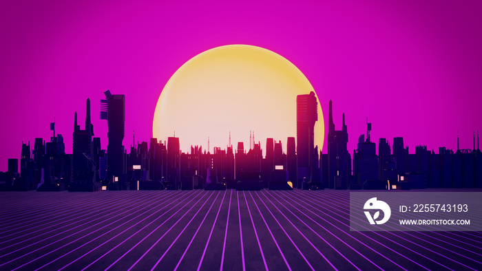 Retro 80s synthwave glowing neon lights plane with sun and city skyline | 3D Illustration