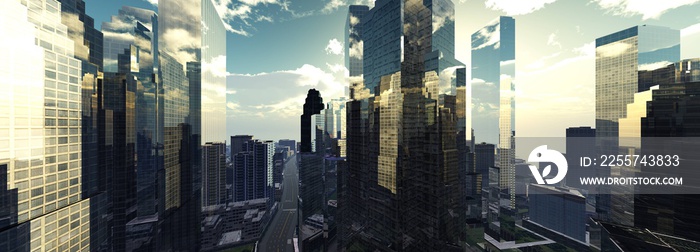 Beautiful view of the modern city, skyscrapers at sunset, 3d rendering