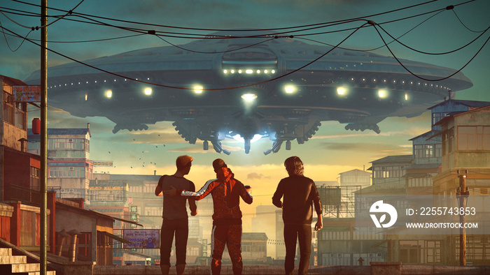 Giant Ufo floating on an Asian city slum with three guys talking about alien invasion on a roof -  c