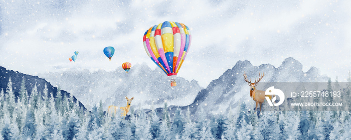 绘画森林中的雪落冬季水彩画热气球和鹿家庭的风景全景