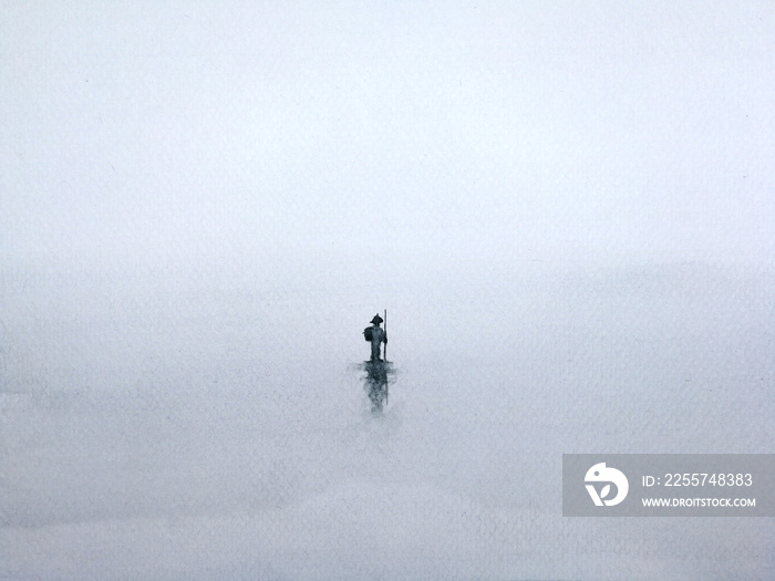 watercolor traditional silhouette landscape the man walking alone man through misty fog.