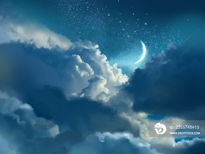 Beautiful clouds and crescent moon in the starry sky